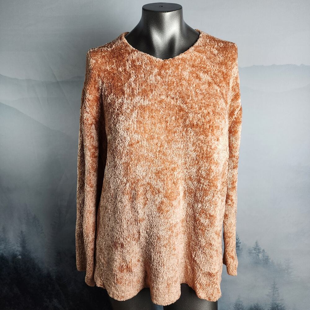 Moda International V-Neck Orange Chenille Sweater | Women's Medium